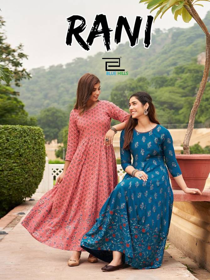 Blue Hills Rani 1 Rayon Printed Ethnic Wear Long Anarkali Kurti Collection